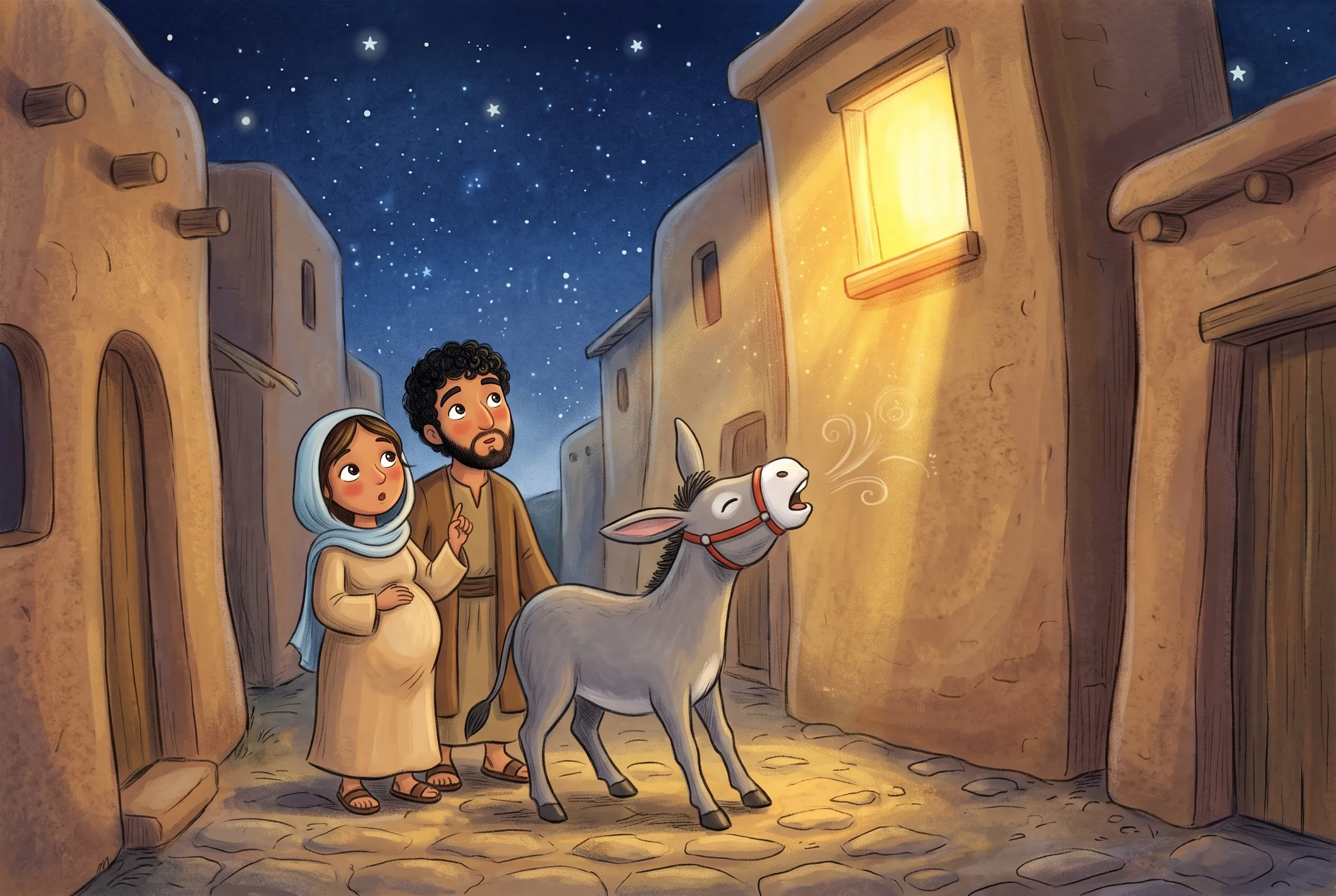 Illustration zu „Jesus wird geboren“: Der Esel stemmt mitten in der Gasse die Hufe in den Boden und schreit, oben im schiefen Haus geht ein Fenster hell an.