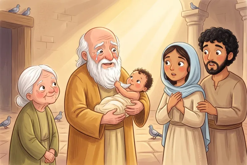 Szene 5: Simeon hält das Baby Jesus ganz vorsichtig in den Armen und weint vor Freude; das Baby greift nach seinem Bart, Maria und Josef staunen.