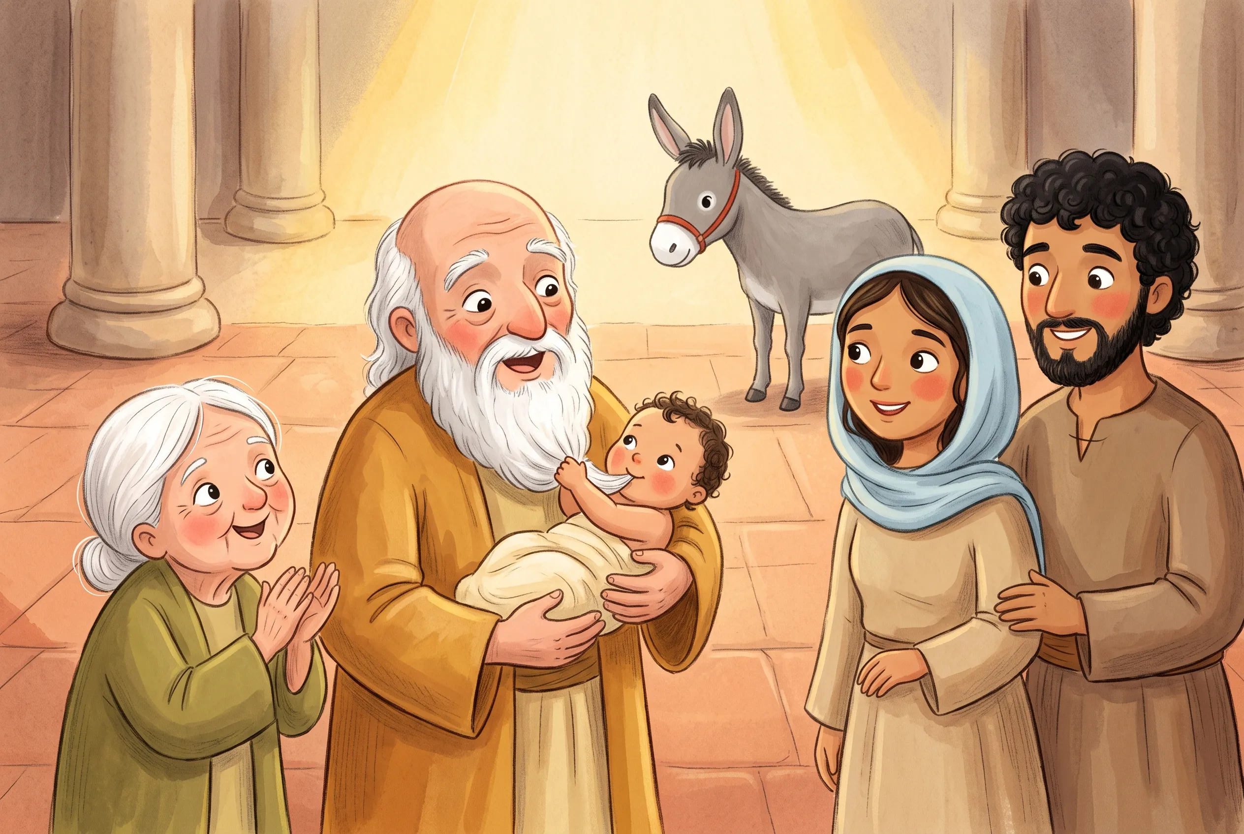 Illustration zu „Simeon und Hanna haben lange gewartet“: Der uralte Simeon mit weißem Bart hält das Baby Jesus im Tempelhof in den Armen, das Baby greift nach seinem Bart, daneben klatscht die alte Hanna in die Hände.
