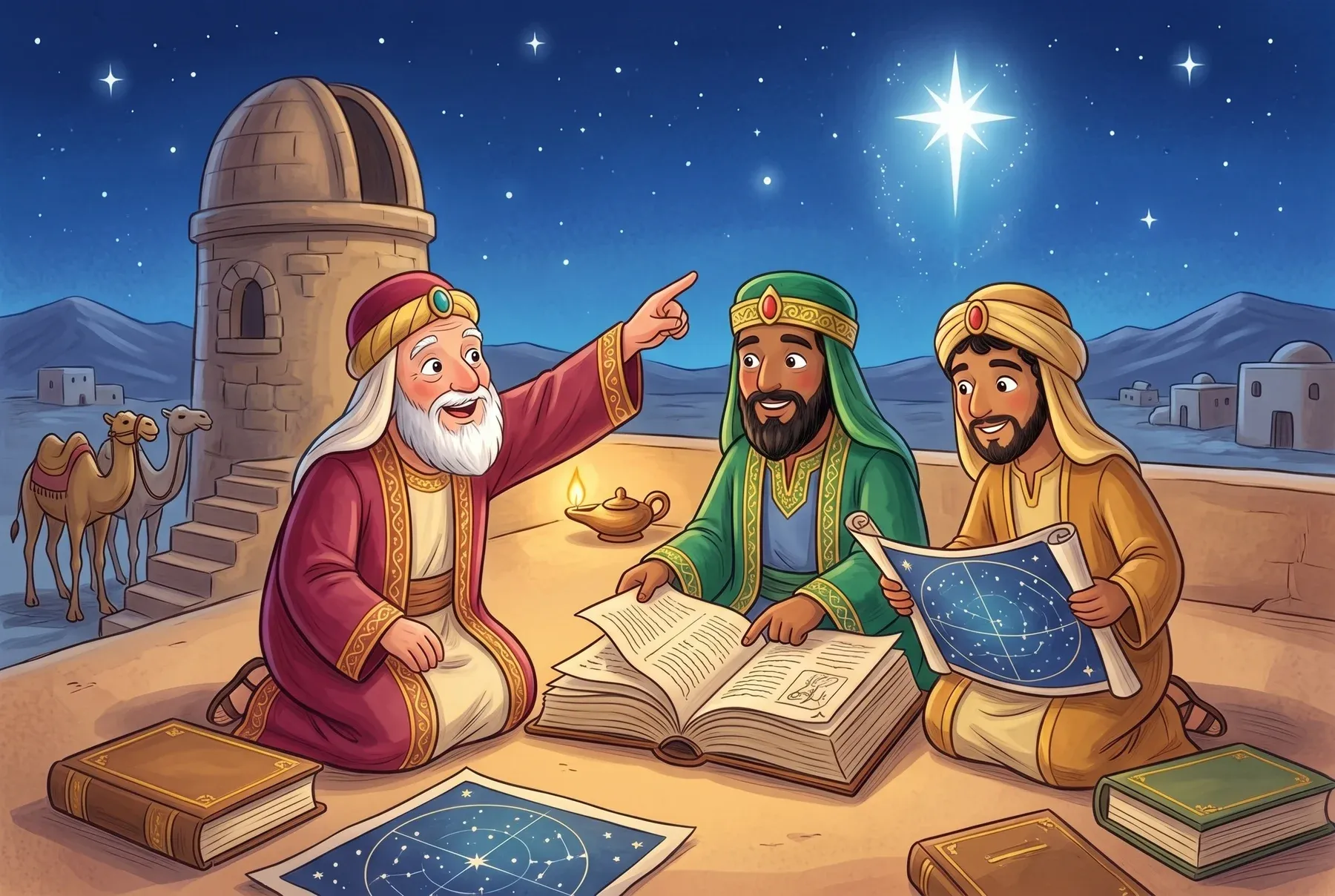 Szene 1: Auf einem flachen Dach bei Nacht zeigen drei Weise in bunten, goldbestickten Gewändern auf einen neuen hellen Stern; neben ihnen dicke Bücher und Himmelskarten.