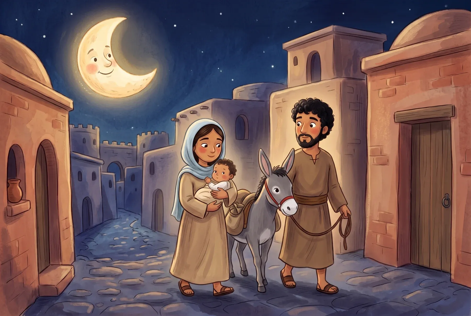 Szene 3: Maria mit dem Kind im Arm und Josef mit dem Esel schleichen im Mondlicht durch die dunklen Gassen von Betlehem.