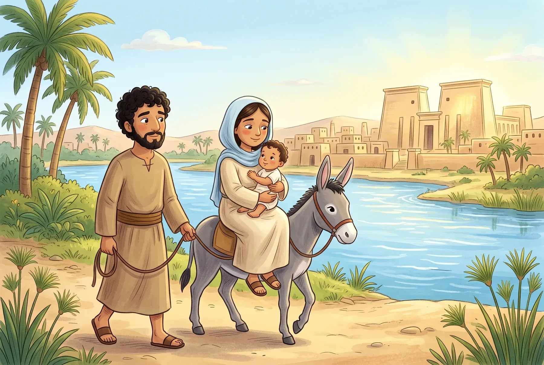Szene 5: Maria, Josef und das Kind kommen mit dem Esel in Ägypten an: Palmen, ein breiter Fluss und eine Stadt im Sonnenlicht.