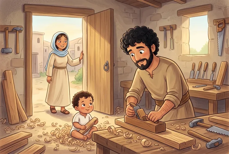 Szene 6: In der Werkstatt in Nazaret schaut der kleine Jesus zwischen Holzspänen zu, wie Josef hobelt; Maria steht lächelnd in der Tür.
