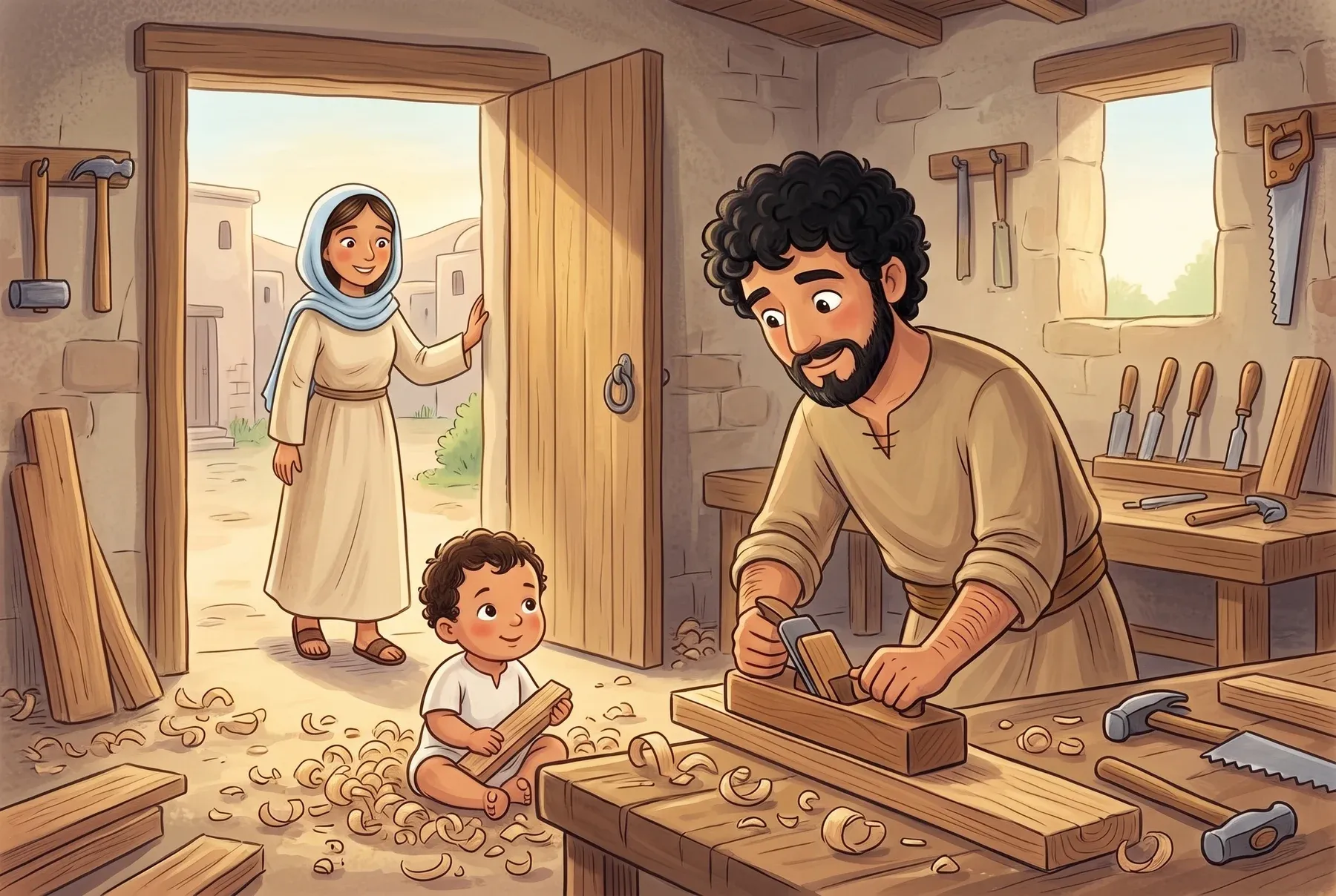 Szene 6: In der Werkstatt in Nazaret schaut der kleine Jesus zwischen Holzspänen zu, wie Josef hobelt; Maria steht lächelnd in der Tür.