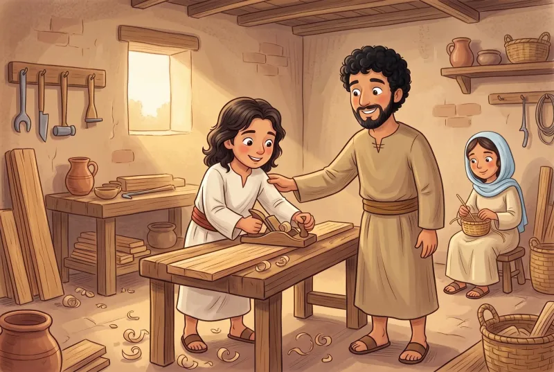 Szene 1: Der zwölfjährige Jesus hobelt in Josefs Werkstatt ein Brett, Josef schaut ihm zufrieden zu.