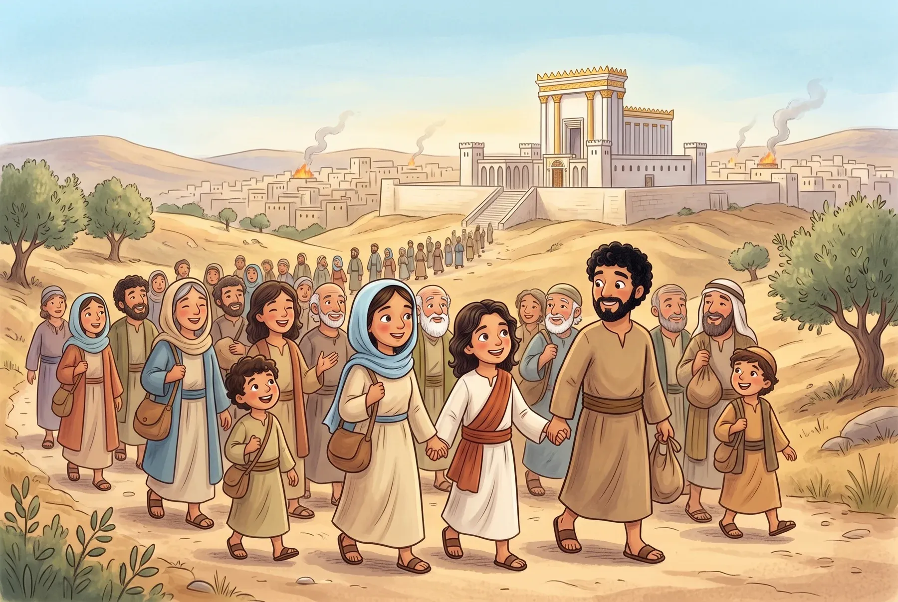 Szene 2: Eine große fröhliche Gruppe von Pilgern wandert auf die Stadt Jerusalem mit dem Tempel auf dem Berg zu; Jesus läuft zwischen Maria und Josef.
