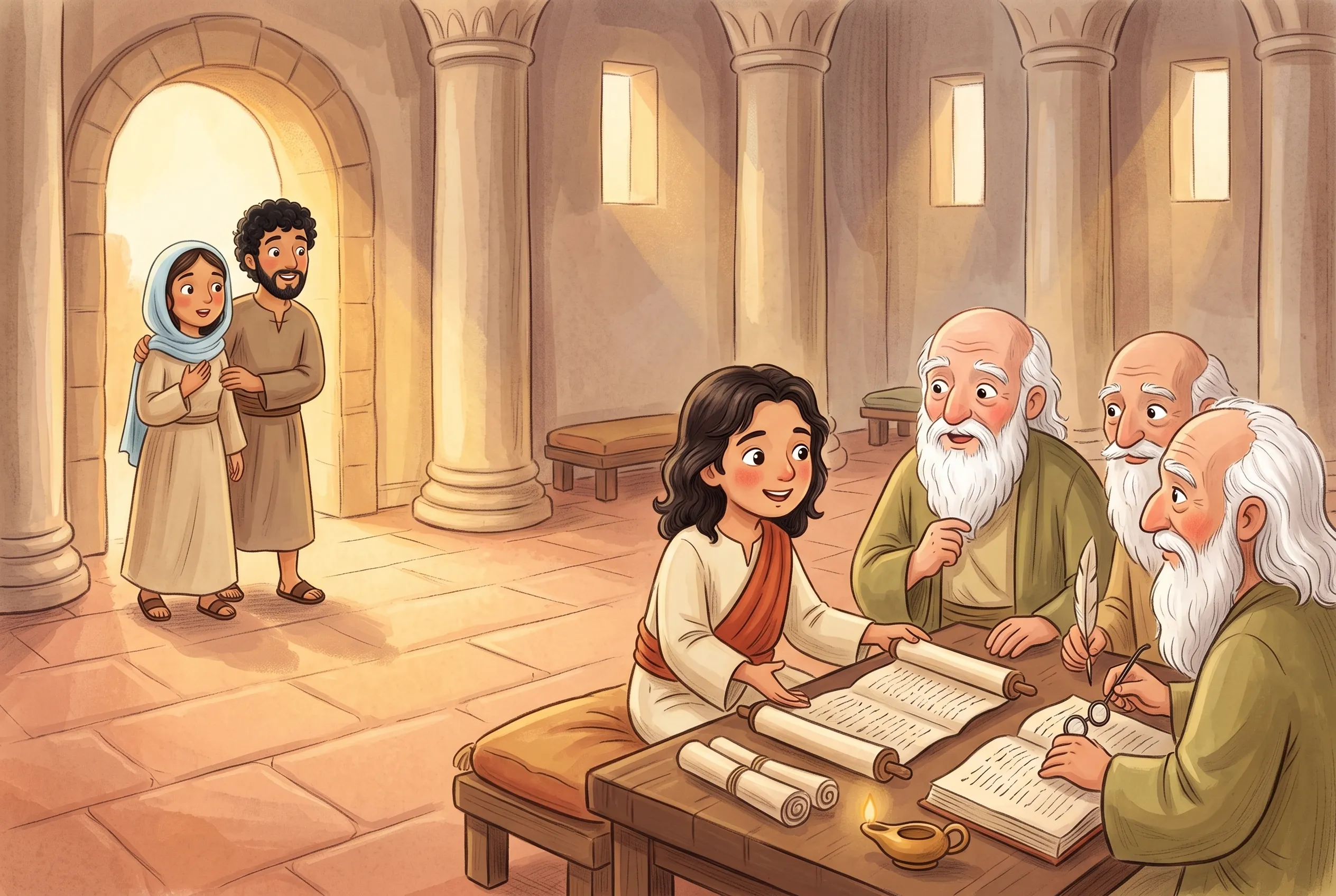 Illustration zu „Jesus bleibt im Tempel“: In einer großen Säulenhalle sitzt der zwölfjährige Jesus zwischen alten Lehrern mit langen Bärten und Schriftrollen, im Eingang stürzen Maria und Josef erleichtert herein.