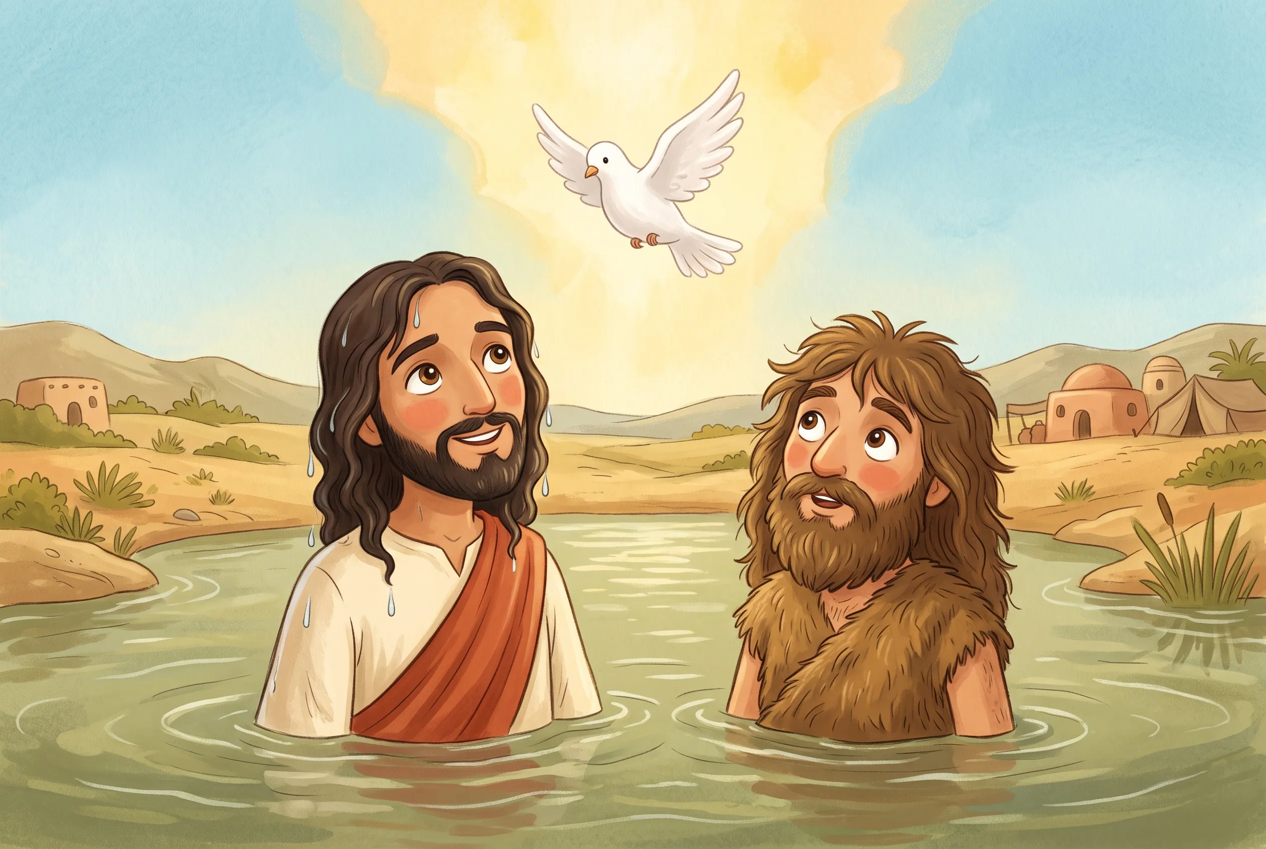 Illustration zu „Johannes tauft Jesus“: Jesus steht bis zur Brust im grünen Jordan, Wasser tropft aus seinen Haaren, der Himmel öffnet sich golden und eine weiße Taube schwebt herab; daneben staunt der zottelige Johannes im Kamelhaargewand.