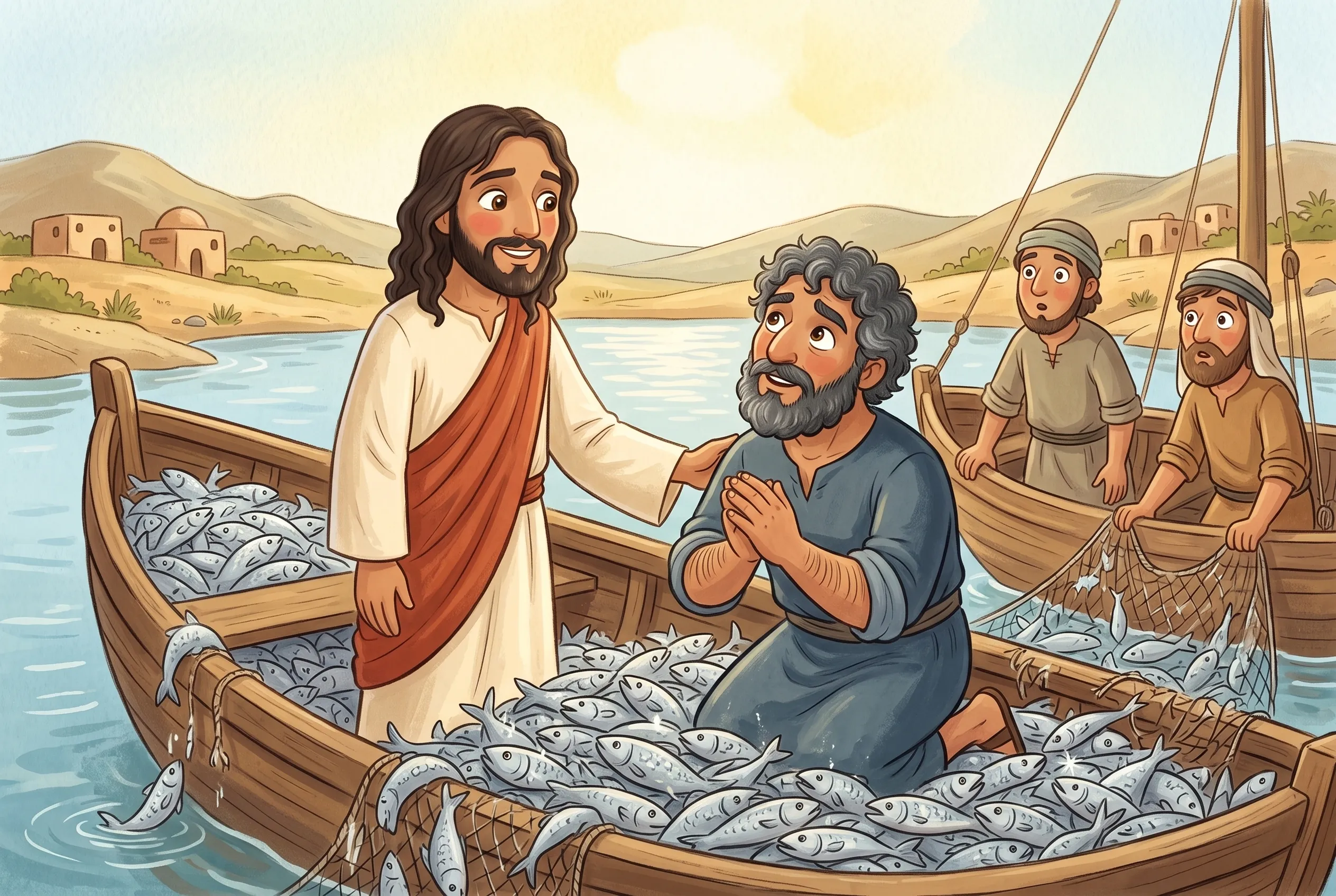 Illustration zu „Komm, folge mir!“: Zwei Fischerboote sind so voller silbern glitzernder Fische, dass sie fast sinken, das Netz reißt, Simon kniet mittendrin vor Jesus.