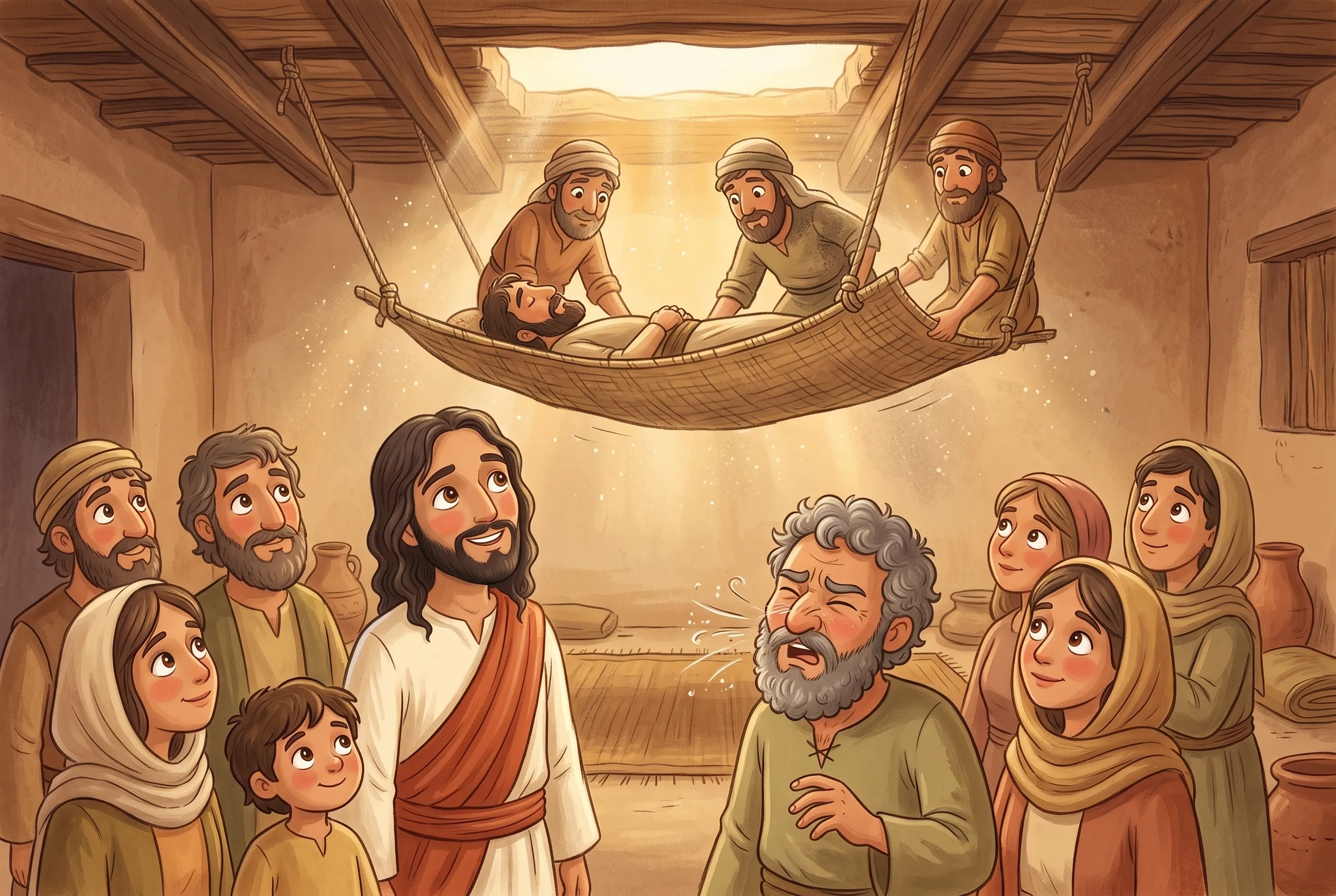 Illustration zu „Vier Freunde tragen durchs Dach“: Durch ein Loch im Lehmdach lassen vier staubige Freunde an Seilen eine Matte mit einem Mann herab, unten schauen alle nach oben, einer niest, Jesus lächelt.