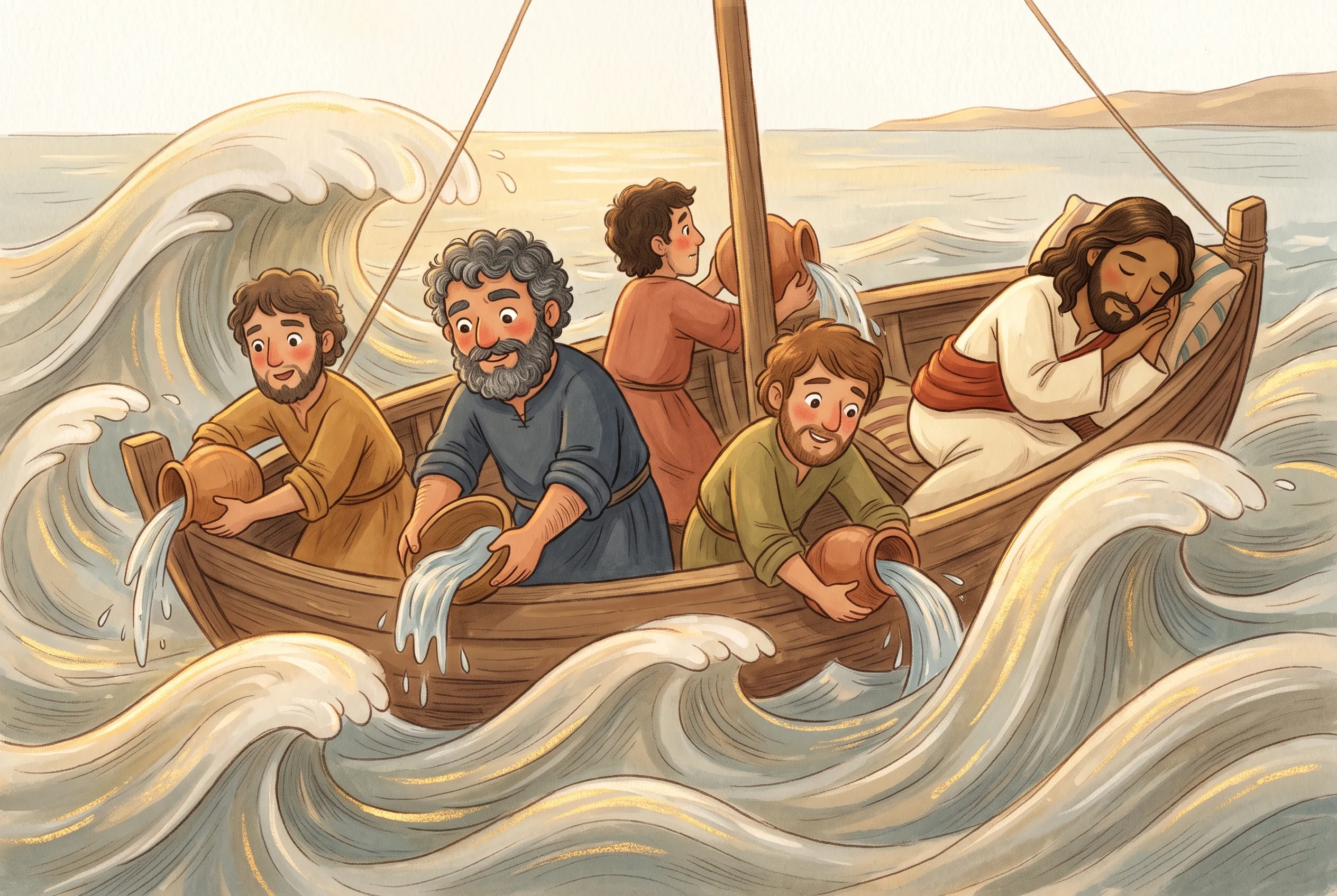 Illustration zu „Jesus schläft im Sturm“: Ein Fischerboot kämpft mit hohen Wellen, die Freunde schöpfen verzweifelt Wasser, ganz hinten schläft Jesus friedlich auf einem Kissen.