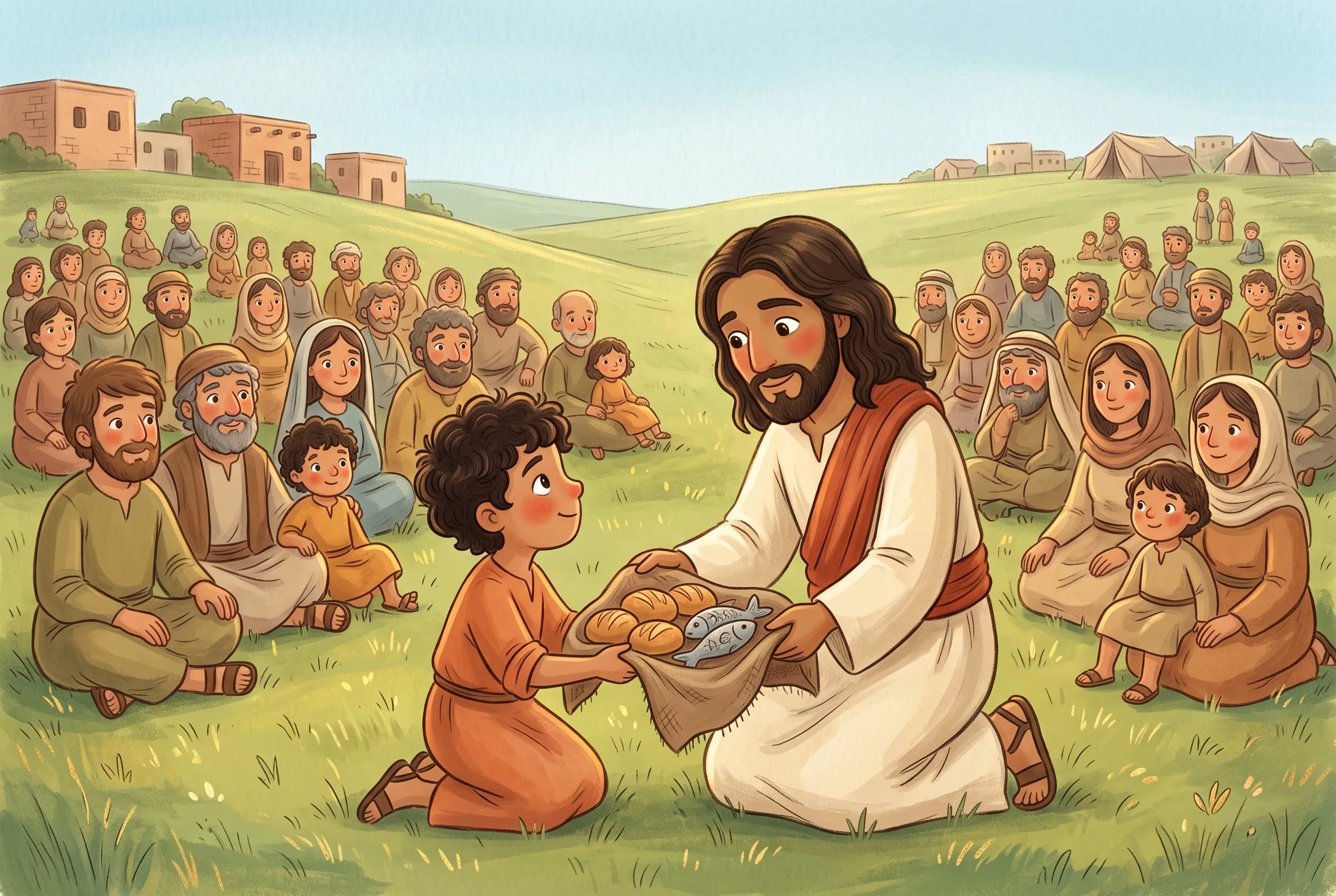 Illustration zu „Fünf Brote und zwei Fische“: Ein kleiner Junge hält Jesus ein geöffnetes Tuch mit fünf runden Broten und zwei Fischen hin, dahinter sitzt eine riesige Menschenmenge im grünen Gras am Berghang.
