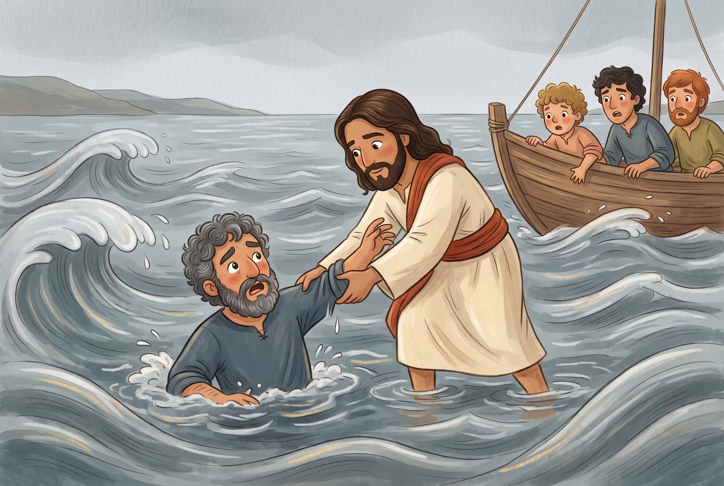 Illustration zu „Jesus geht über das Wasser“: Im grauen Morgenlicht auf dem stürmischen See greift Jesus nach dem Arm des sinkenden Petrus, im Hintergrund starren die Freunde aus dem Boot.