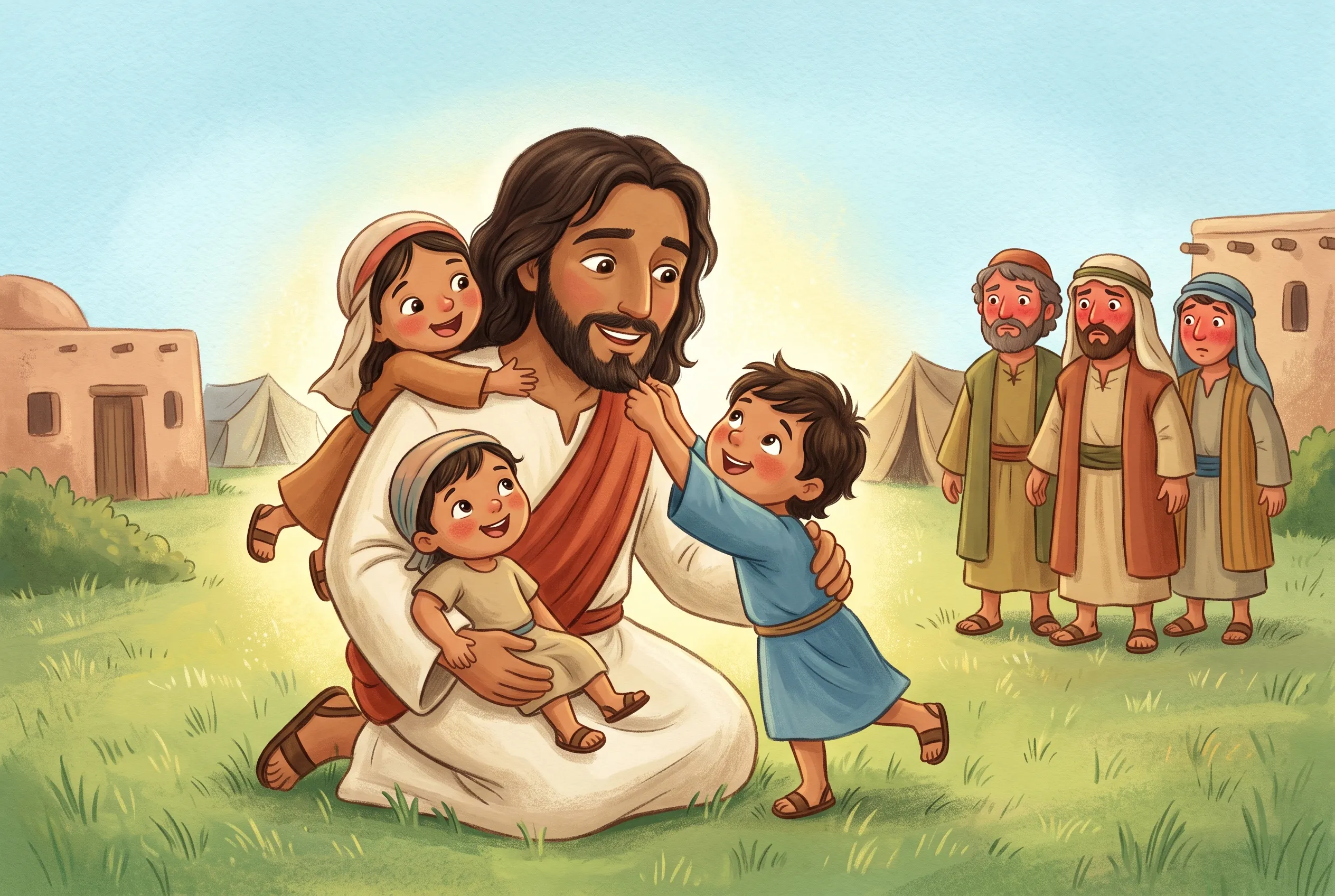 Illustration zu „Lasst die Kinder zu mir kommen“: Jesus kniet im Gras, von allen Seiten klettern Kinder auf ihn, eines sitzt auf seinem Knie, eines hängt an seinem Hals, eines zupft an seinem Bart; im Hintergrund schauen die Freunde mit roten Köpfen.