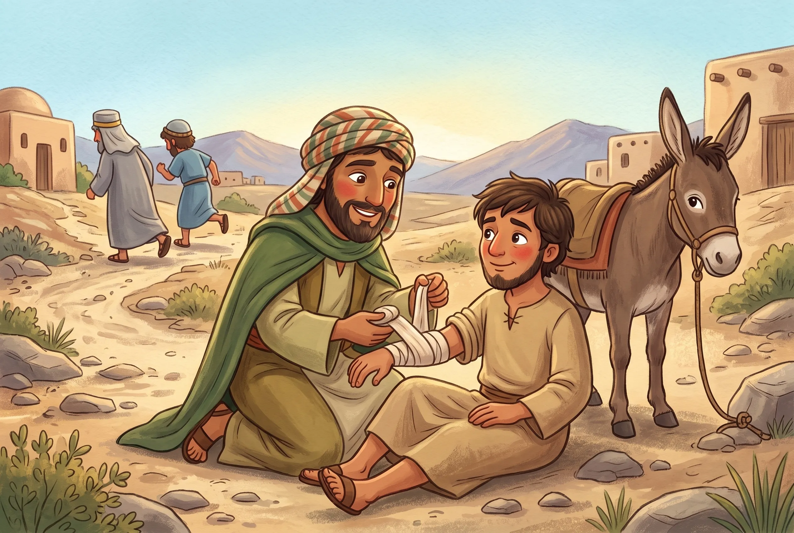 Illustration zu „Der barmherzige Samariter“: Am steinigen Wüstenweg kniet der Samariter neben dem verletzten Mann und verbindet ihn, sein Esel wartet geduldig; weit hinten gehen der Priester und der Levit eilig davon.