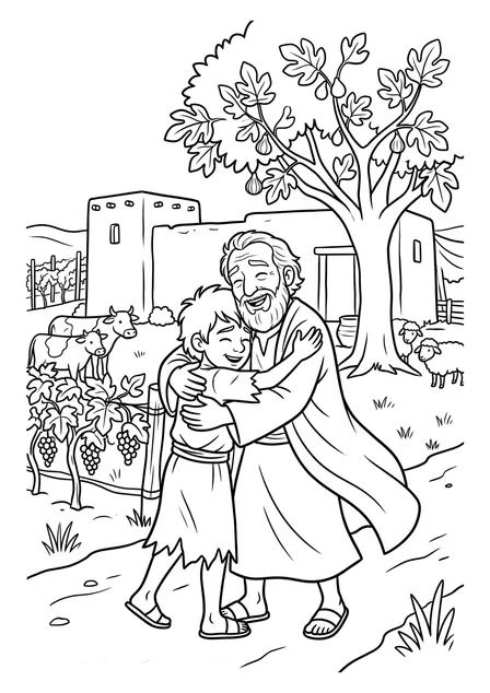 Ausmalbild zu „Der Vater läuft dem Sohn entgegen“ (Vorschau)
