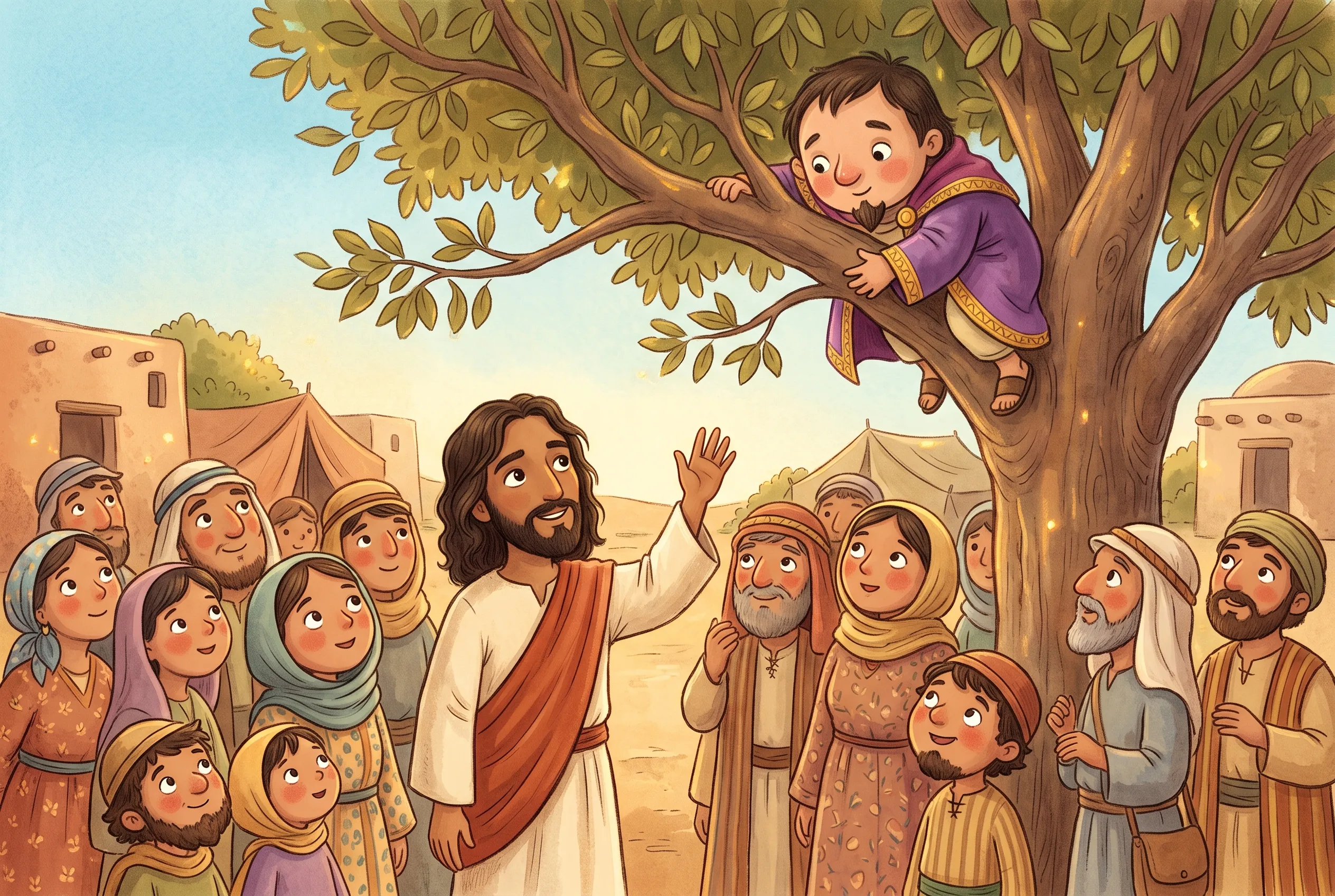 Illustration zu „Zachäus auf dem Baum“: Der kleine Zachäus in feinem Mantel klammert sich hoch oben im Maulbeerfeigenbaum an einen Ast, unten schaut Jesus zu ihm hinauf und winkt, die Menge staunt.