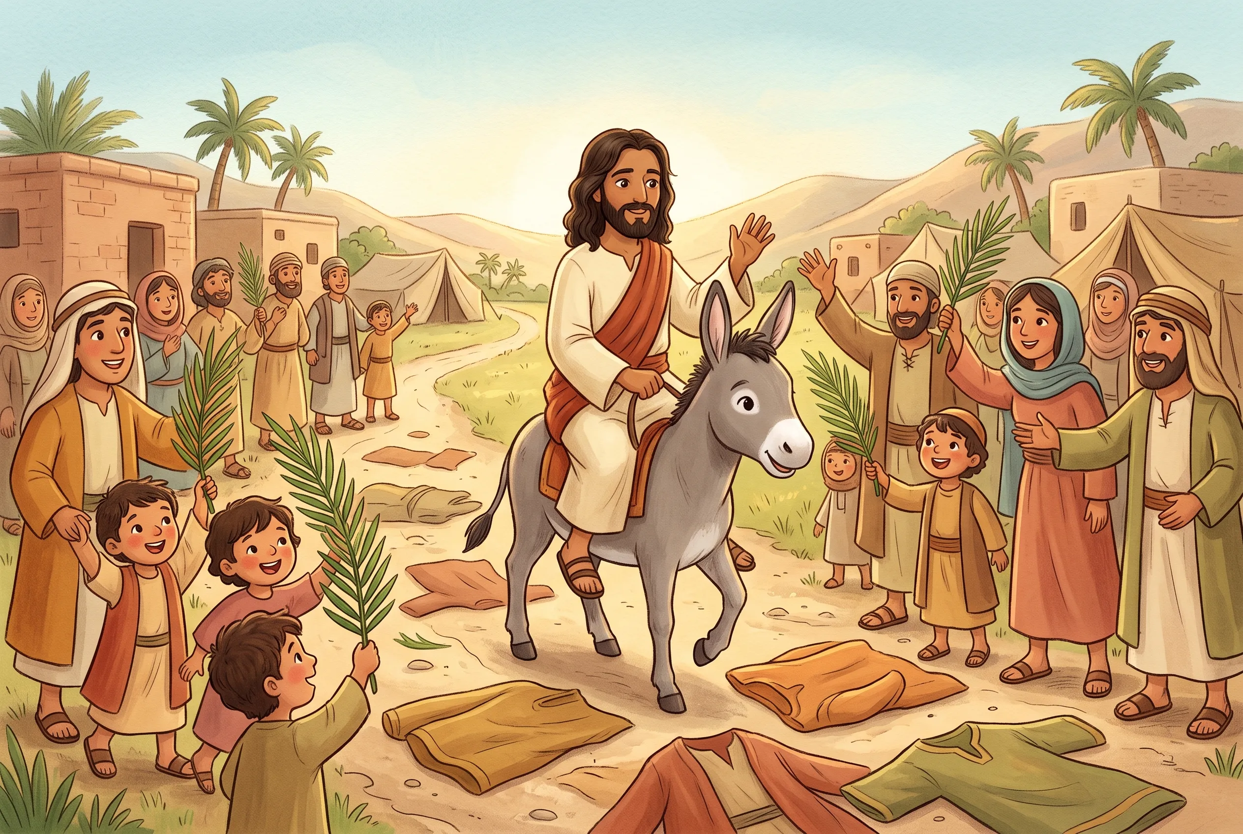 Illustration zu „Hosianna!“: Jesus reitet auf einem kleinen, stolzen Eselchen durch eine jubelnde Menge, Menschen legen Mäntel auf die Straße, Kinder schwenken Palmenzweige.