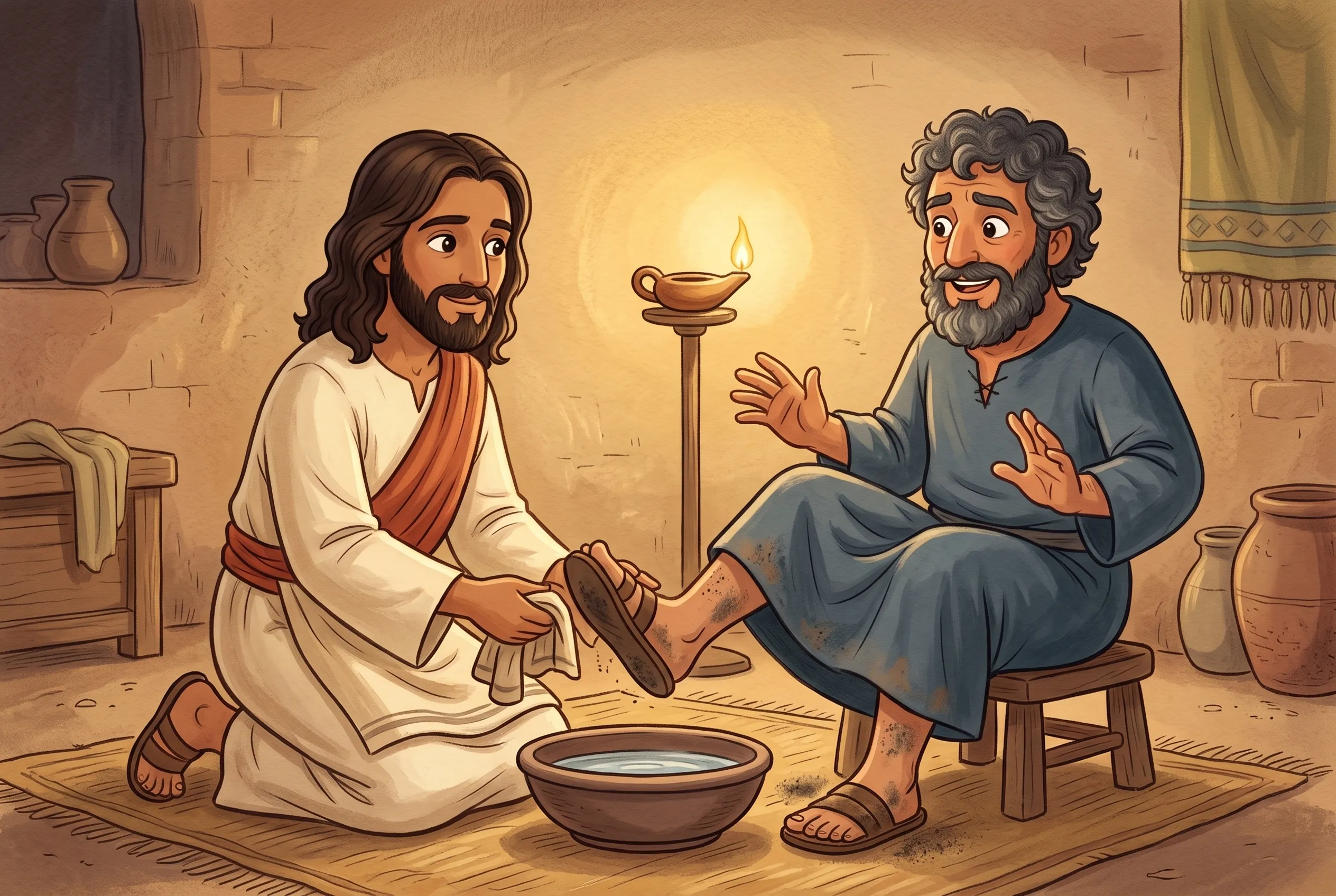 Illustration zu „Jesus wäscht die Füße“: Jesus kniet mit einem Tuch um die Hüfte vor einer Schüssel und wäscht einem seiner Freunde die staubigen Füße, Petrus zieht erschrocken seine Füße weg.