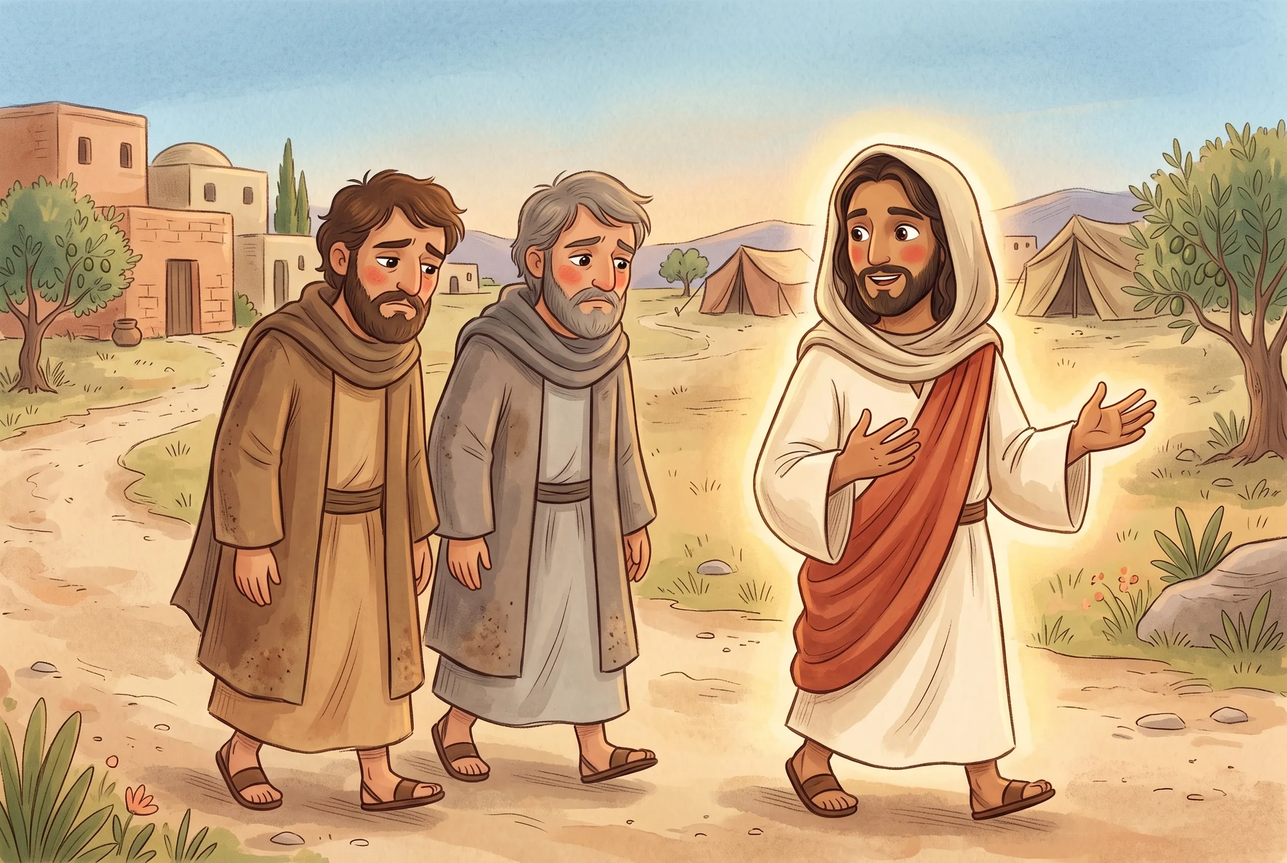 Illustration zu „Zwei Freunde auf dem Weg nach Emmaus“: Zwei traurige Wanderer gehen auf einem staubigen Weg in der Abendsonne, ein dritter Mann geht neben ihnen und erzählt mit lebhaften Händen.