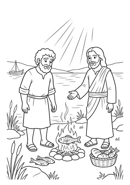 Ausmalbild zu „Frühstück am See – „Petrus, hast du mich lieb?““ (Vorschau)