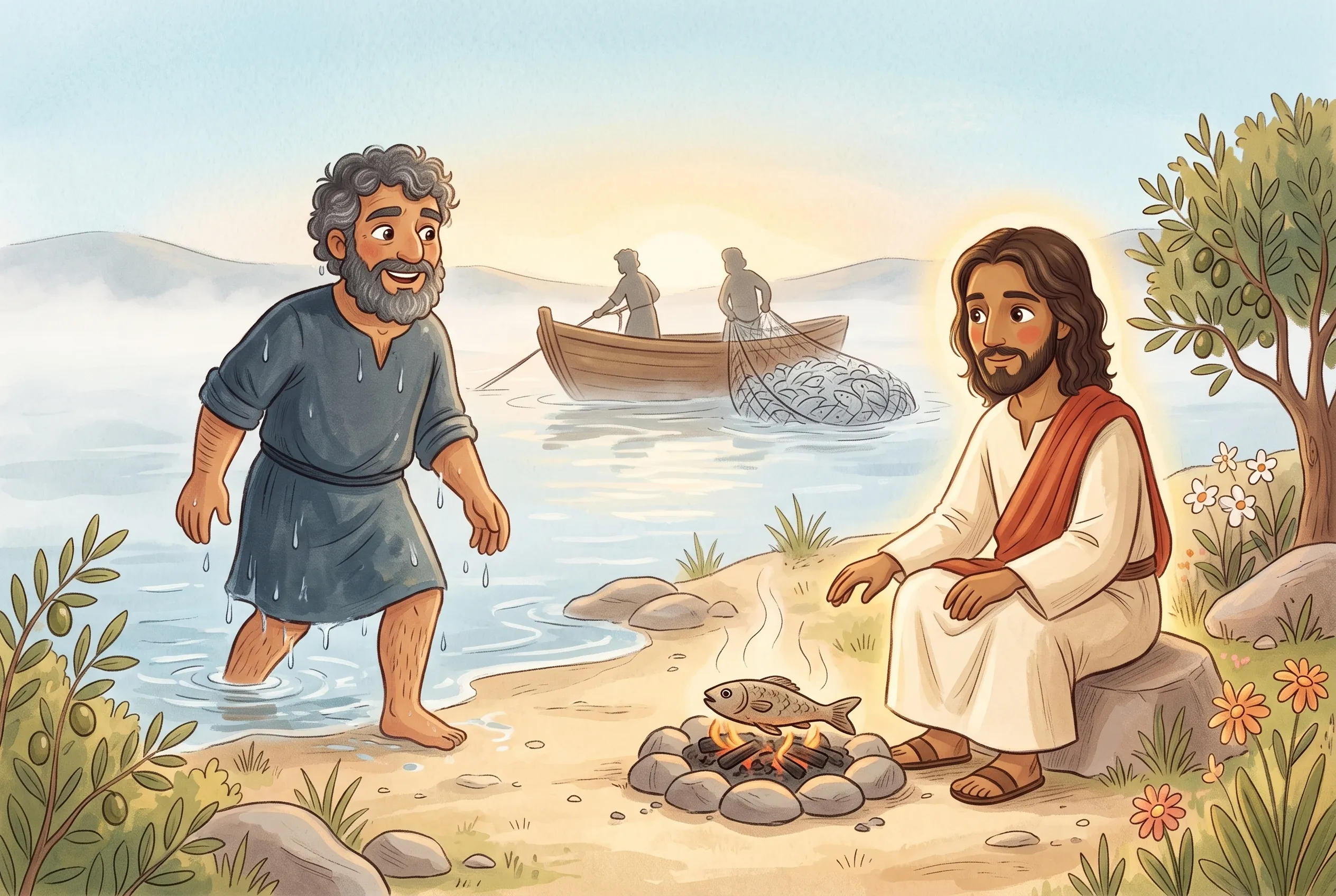Illustration zu „Frühstück am See – „Petrus, hast du mich lieb?““: Am nebligen Morgenufer sitzt Jesus an einem kleinen Kohlenfeuer mit brutzelnden Fischen, Petrus kommt tropfnass aus dem Wasser gewatet, hinten zieht ein Boot ein prall gefülltes Netz.
