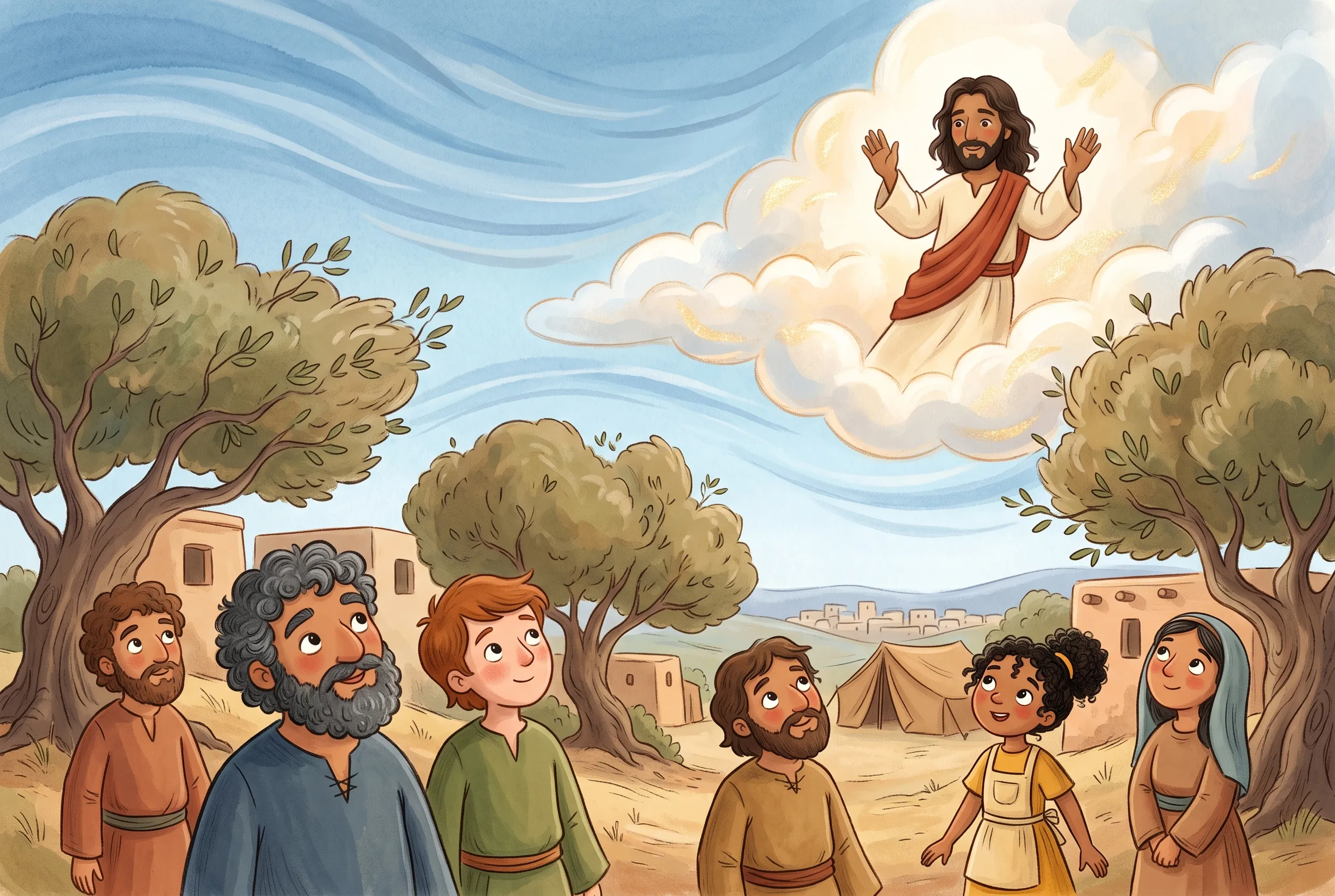 Illustration zu „Jesus geht zum Vater“: Auf dem windigen Ölberg zwischen knorrigen Olivenbäumen schauen die Freunde staunend nach oben, wo Jesus segnend in einer leuchtenden Wolke verschwindet.