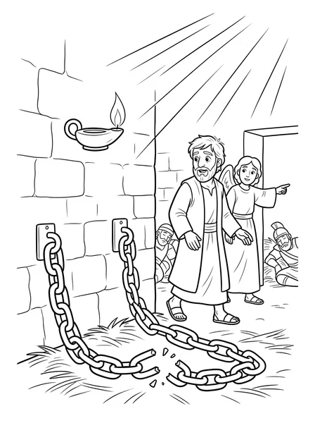 Ausmalbild zu „Petrus im Gefängnis – und Rhode vergisst die Tür“ (Vorschau)