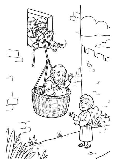 Ausmalbild zu „Paulus im Korb über die Mauer“ (Vorschau)