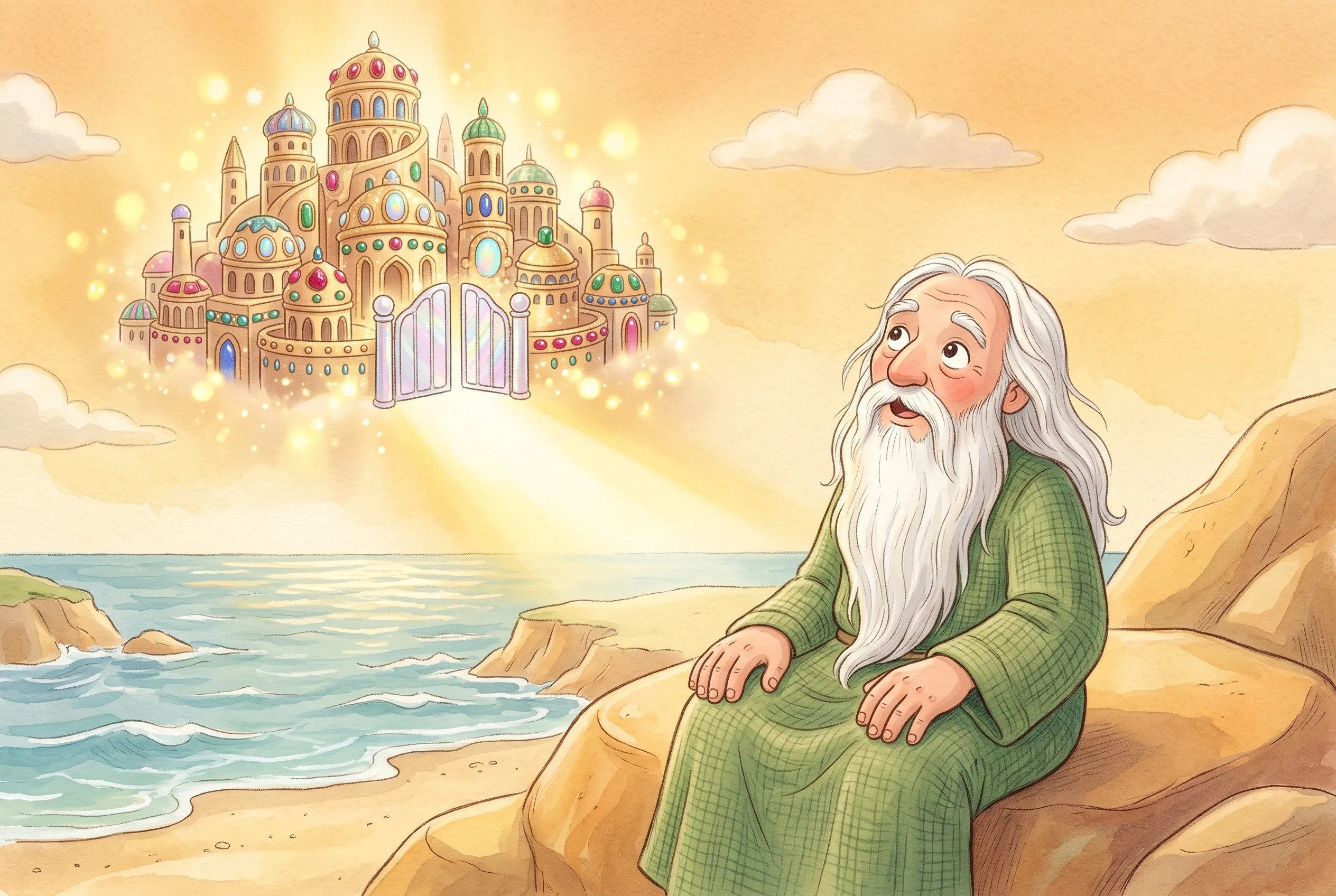Illustration zu „Gott wohnt bei den Menschen“: Der alte Johannes sitzt auf einem Felsen am Meer und schaut staunend in den Himmel, wo eine funkelnde Stadt aus Edelsteinen mit Perlentoren herabschwebt.